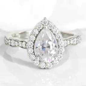 Pear Moissanite Diamond Ring in 14k White Gold Luna Halo Scalloped, Size 6.25