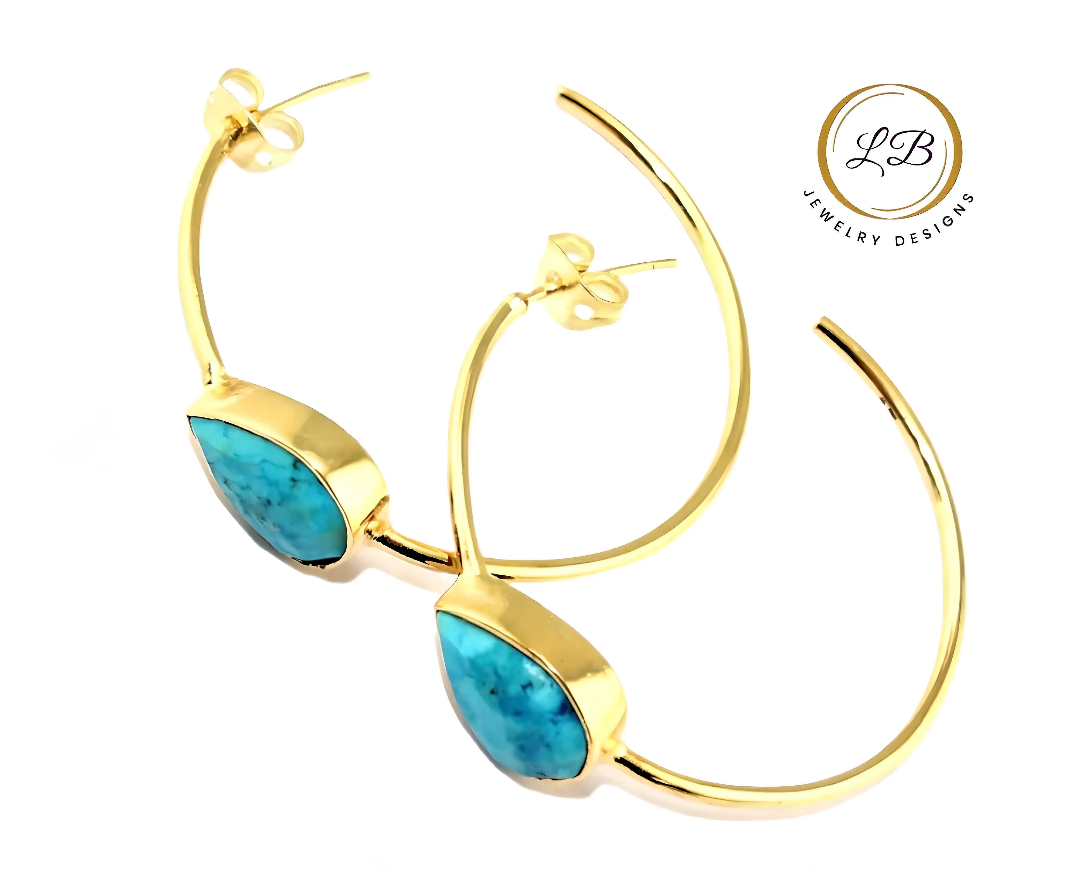 Pear-Shaped Turquoise Gemstone Hoop Earrings 2.25”