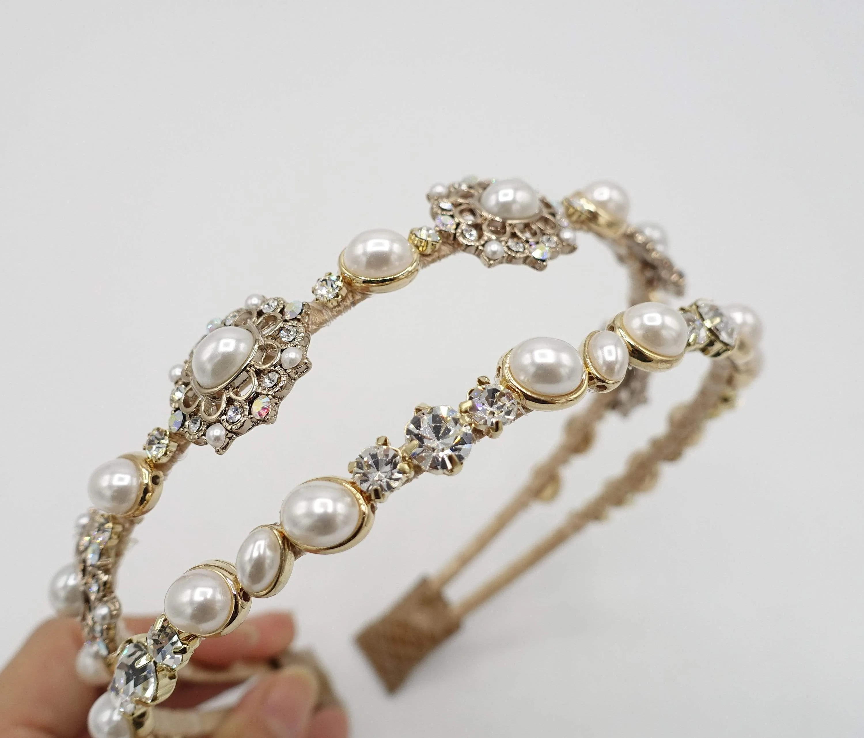 pearl rhinestone double headband antique style jewel hairband for women