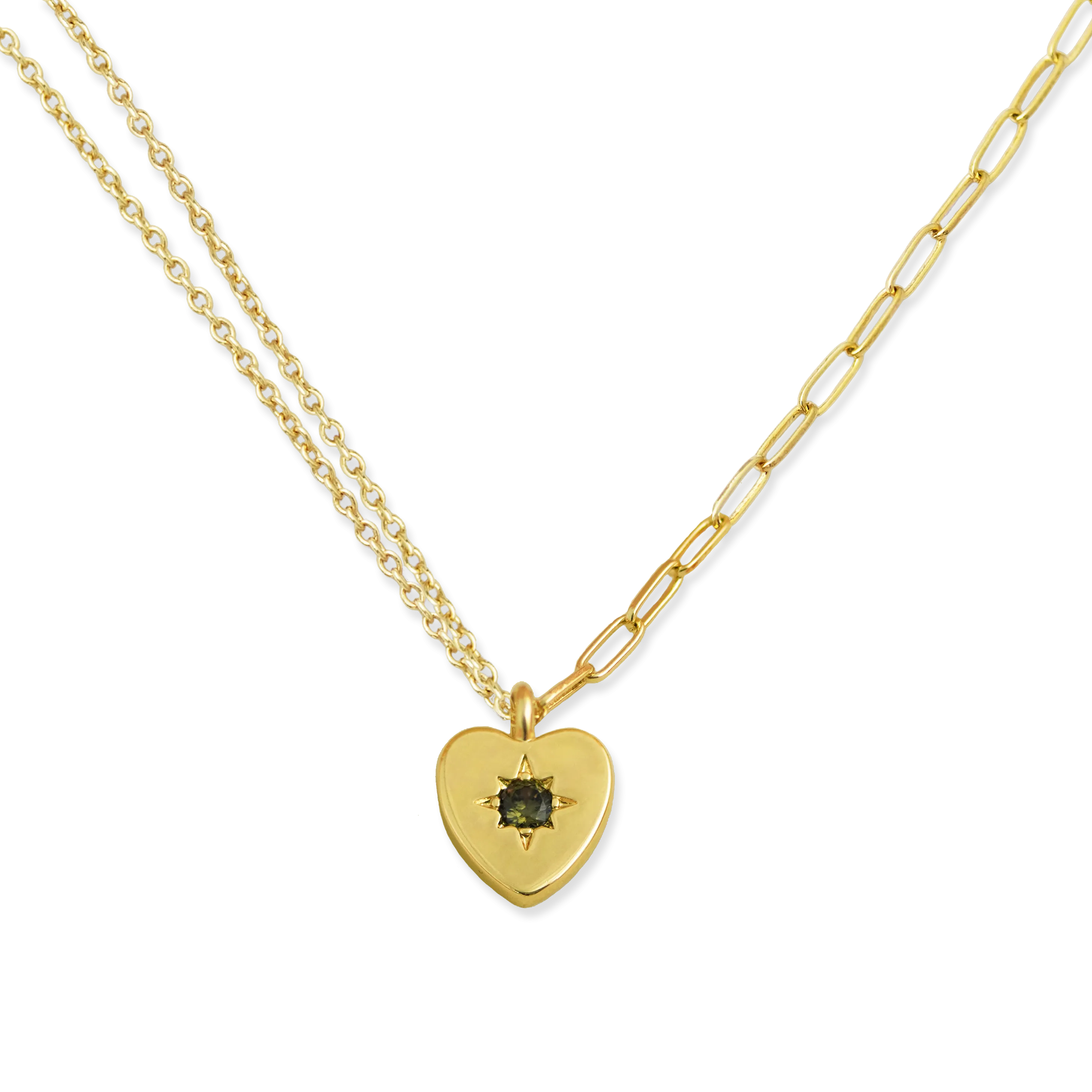 Peridot Heart Charm Double Chain Necklace