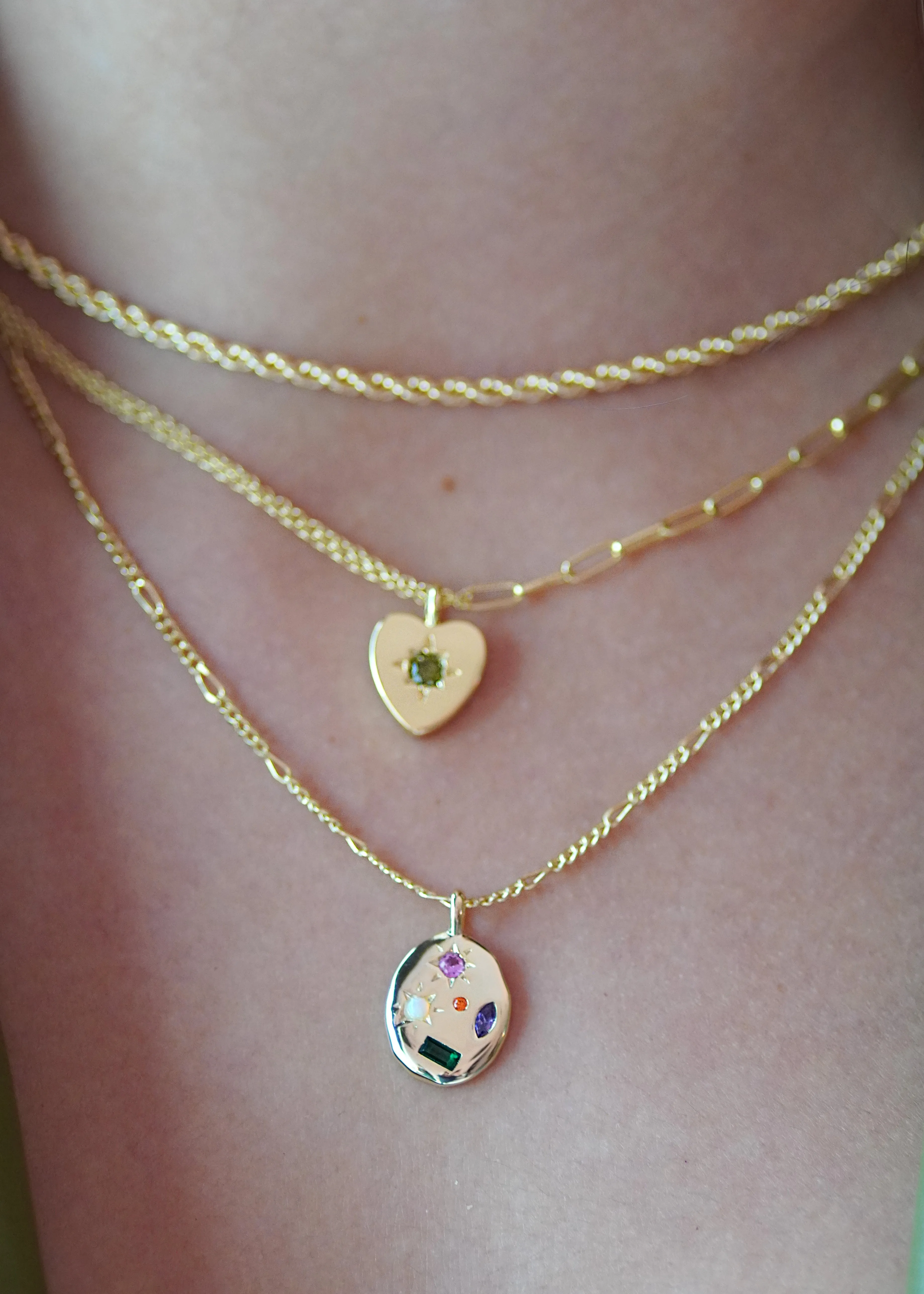 Peridot Heart Charm Double Chain Necklace