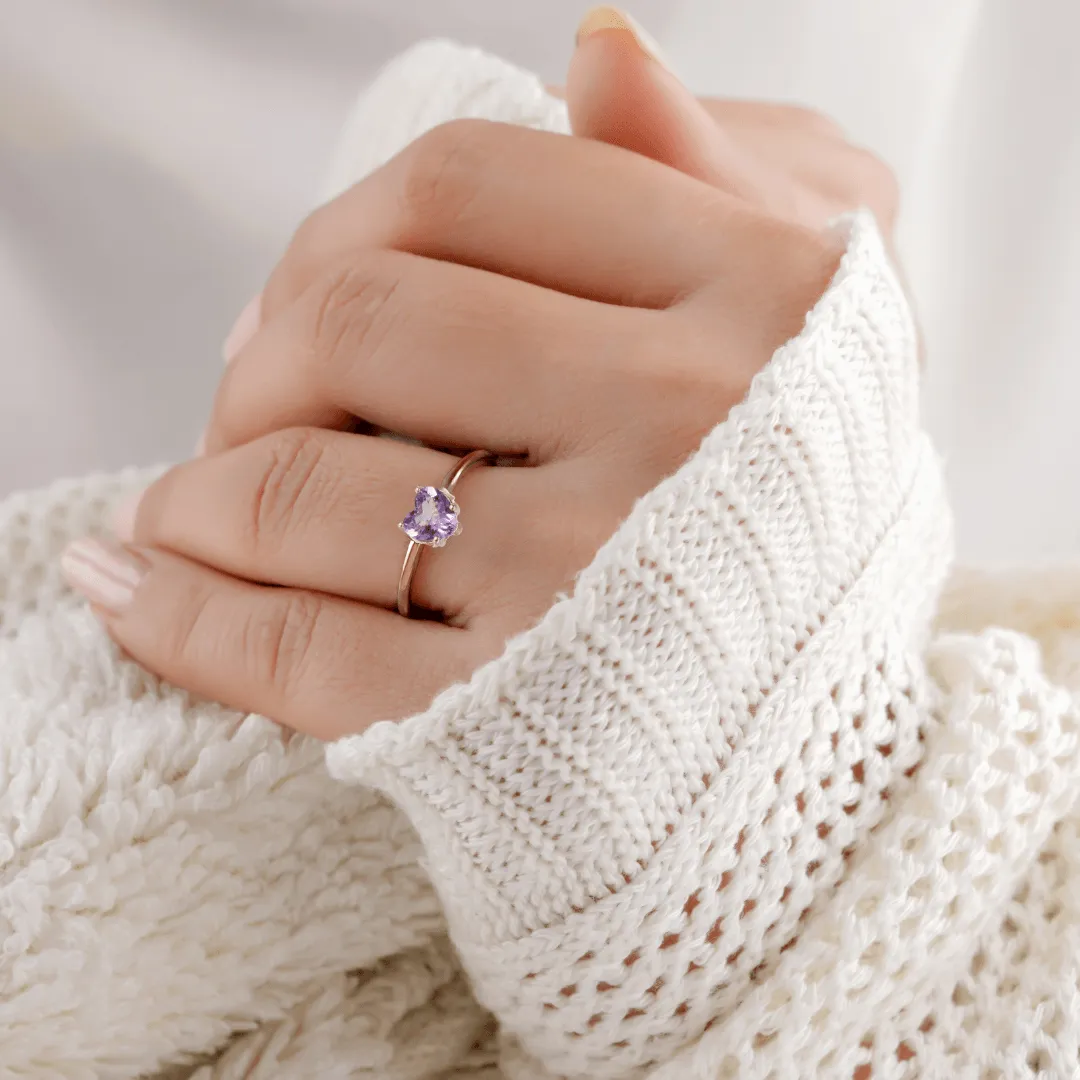 Pink Amethyst Solitaire Heart Ring