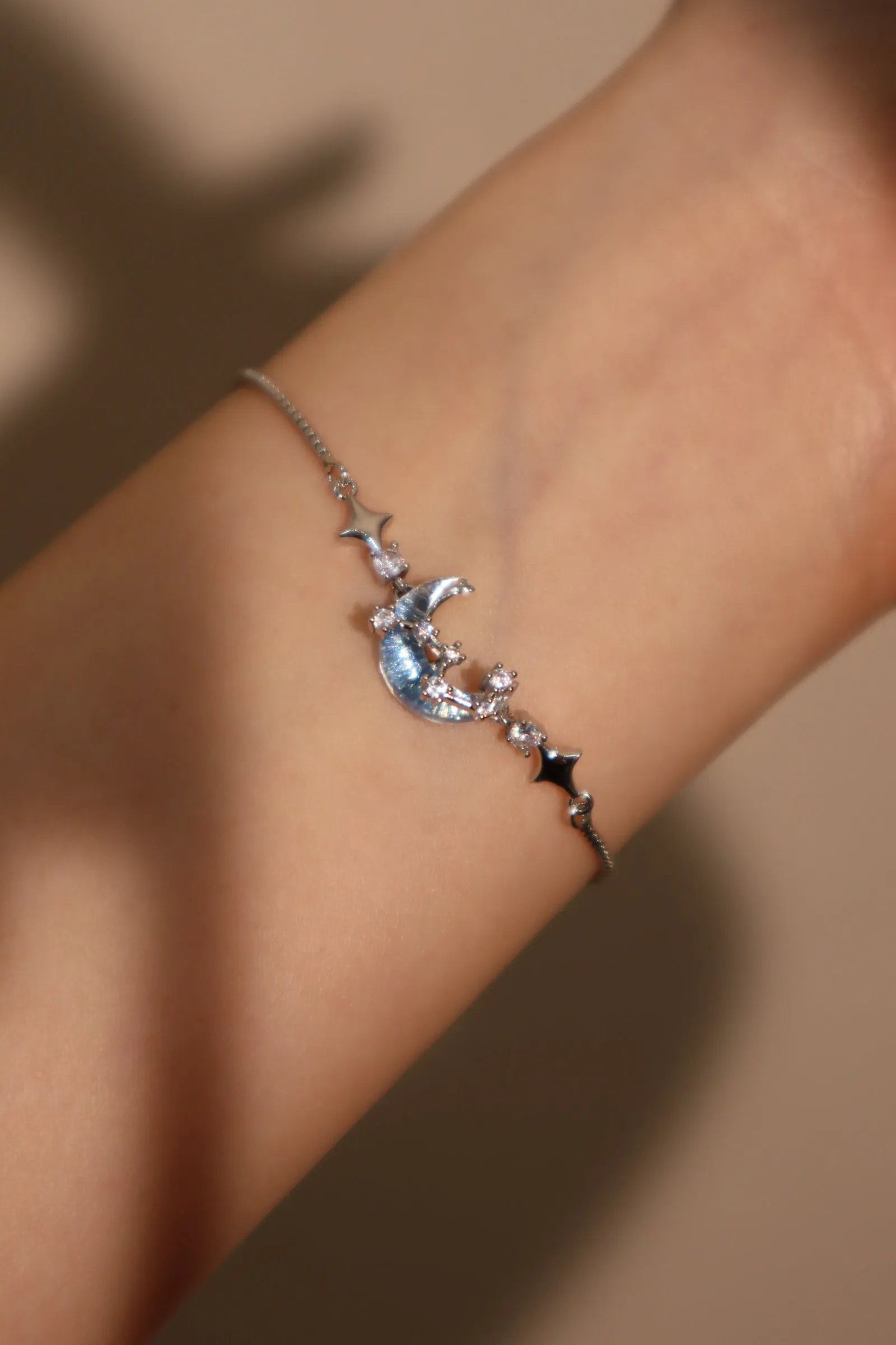 Platinum Plated Moonstone Moon Star Bracelet