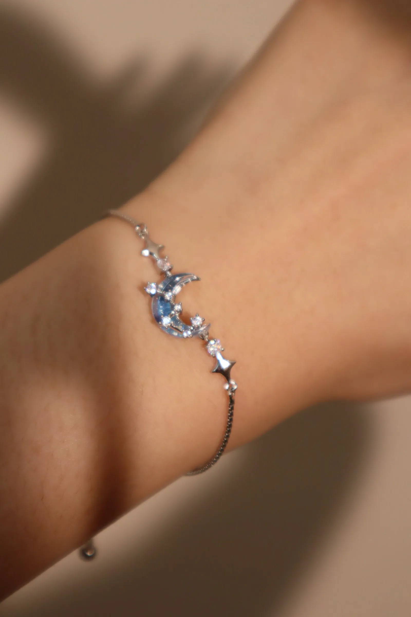 Platinum Plated Moonstone Moon Star Bracelet