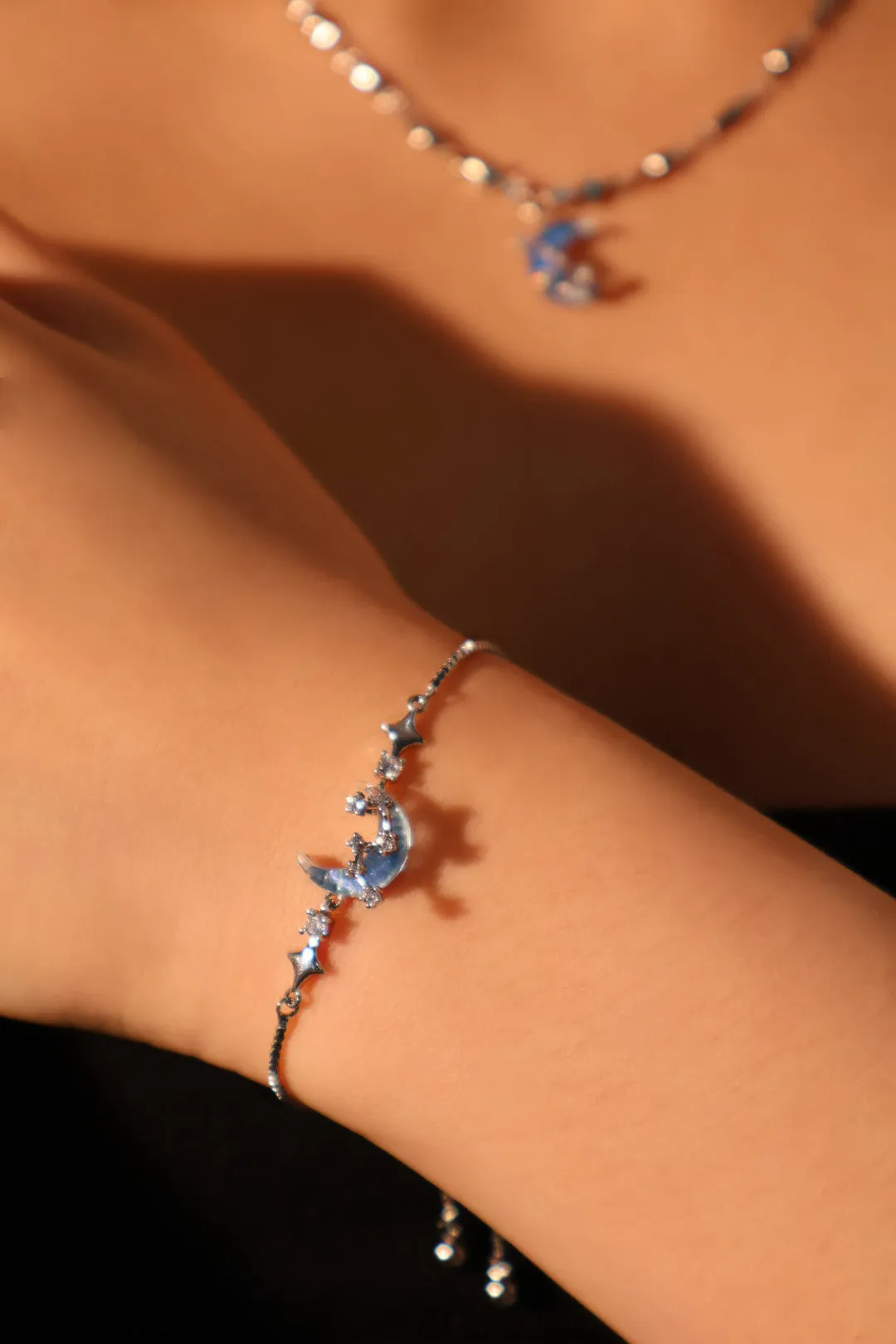 Platinum Plated Moonstone Moon Star Bracelet