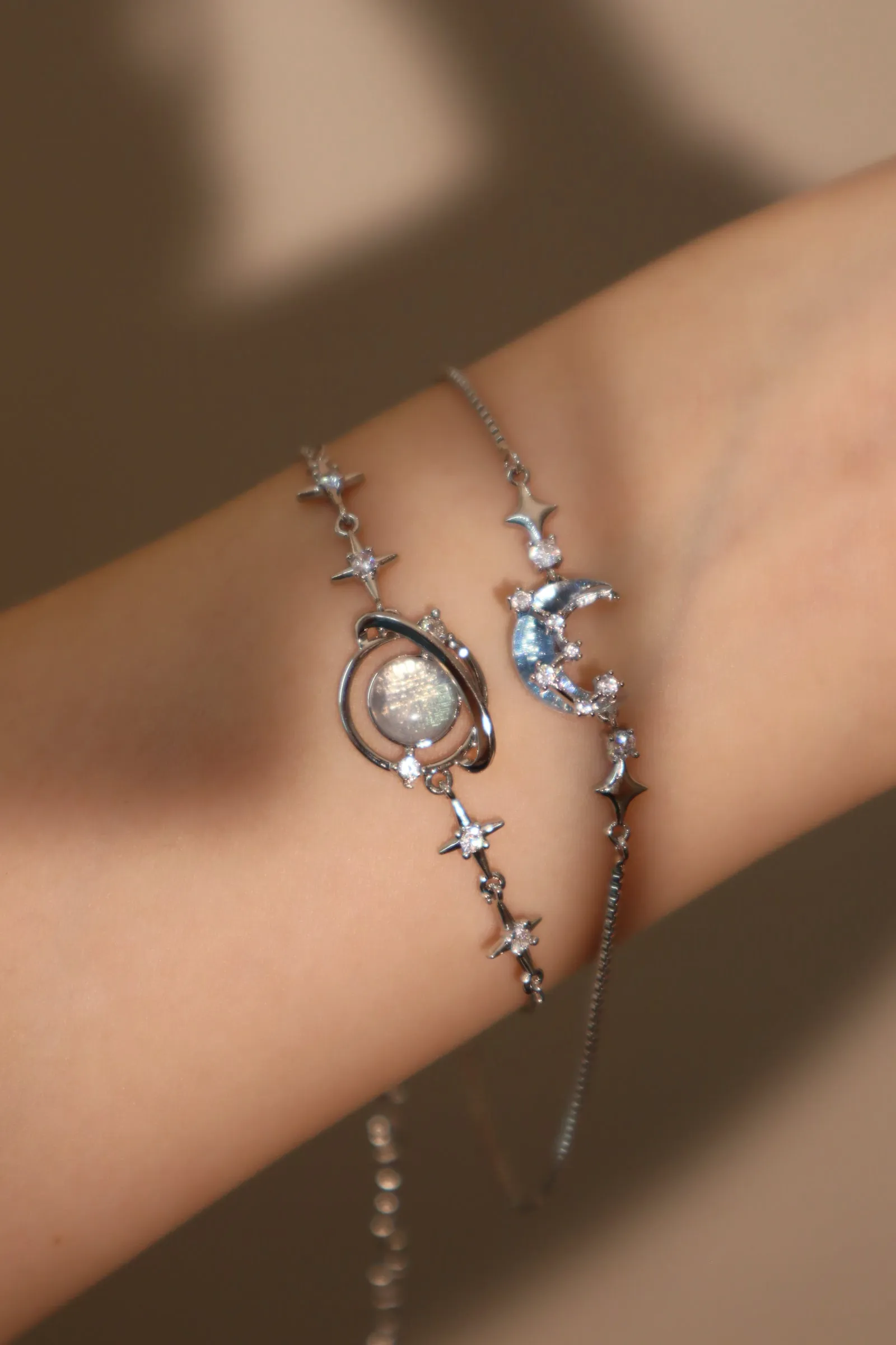 Platinum Plated Moonstone Moon Star Bracelet