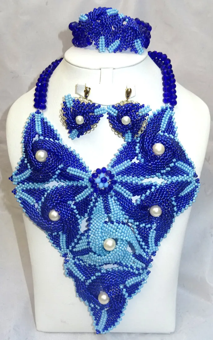 PrestigeApplause New Latest Design 2 Shades of Blue Celtic Beads Bridal Wedding Party Jewelry Set