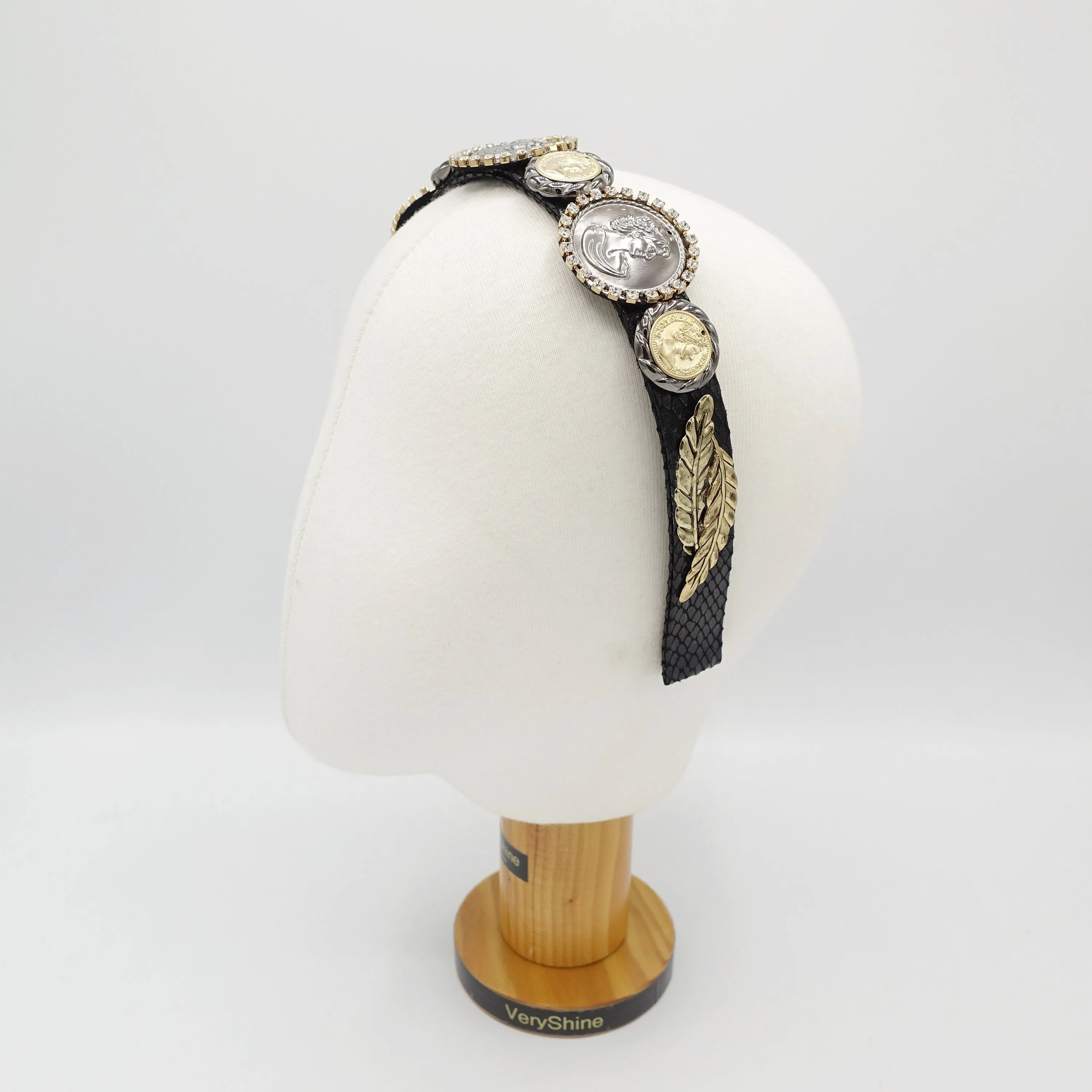 rhinestone embellished coin headband leather hairband for women