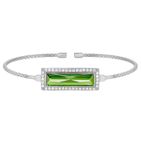 Rhodium Finish Sterling Silver Cable Cuff Bracelet with Rectangular Simulated Peridot Stone and Simulated Diamonds