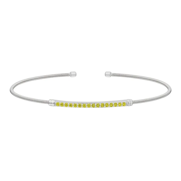 Rhodium Finish Sterling Silver Cable Cuff Bracelet with Simulated Peridot Birth Gems - August