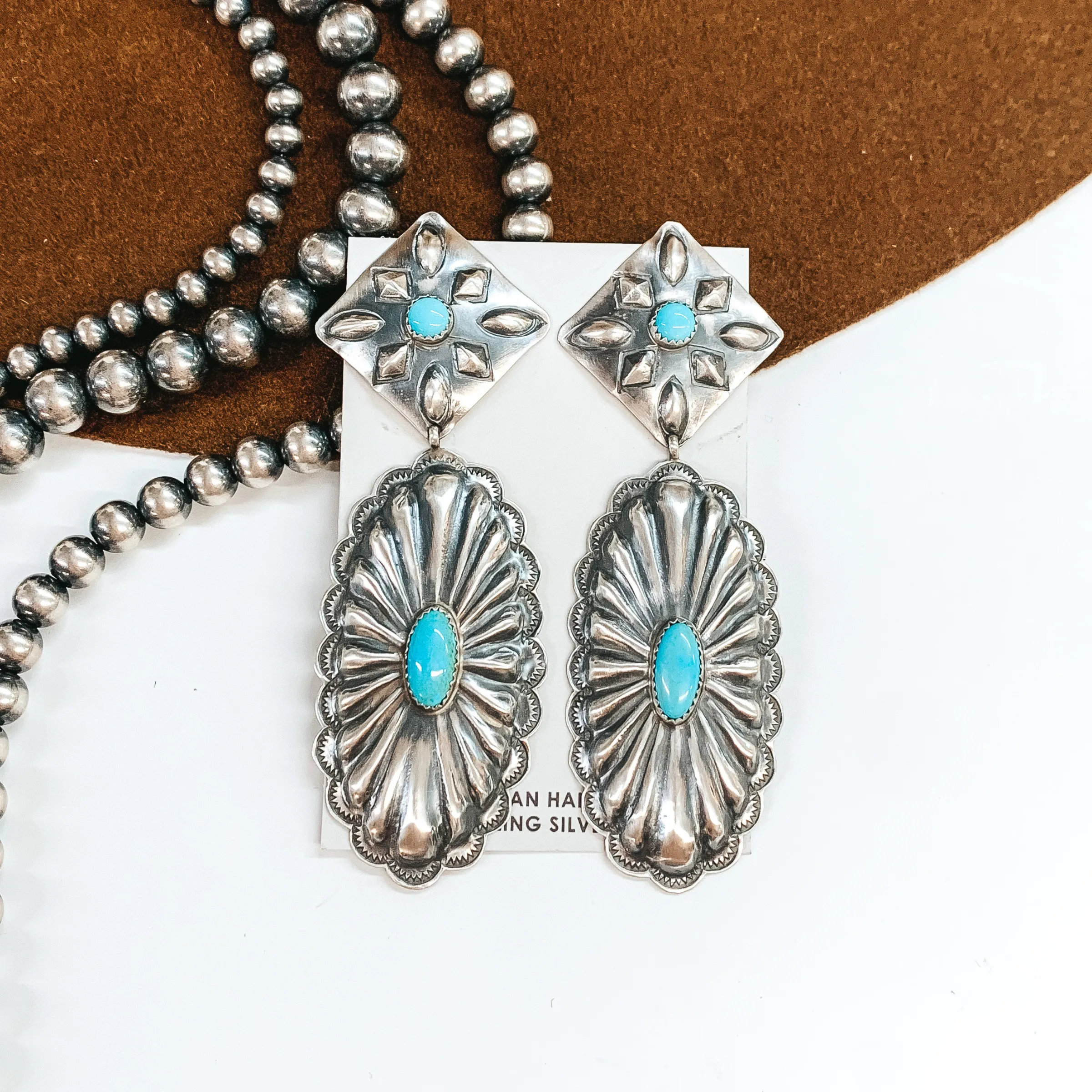 RL Begay | Navajo Handmade Sterling Silver Square Concho Post Earrings with Oval Concho Dangle and Turquoise Stones