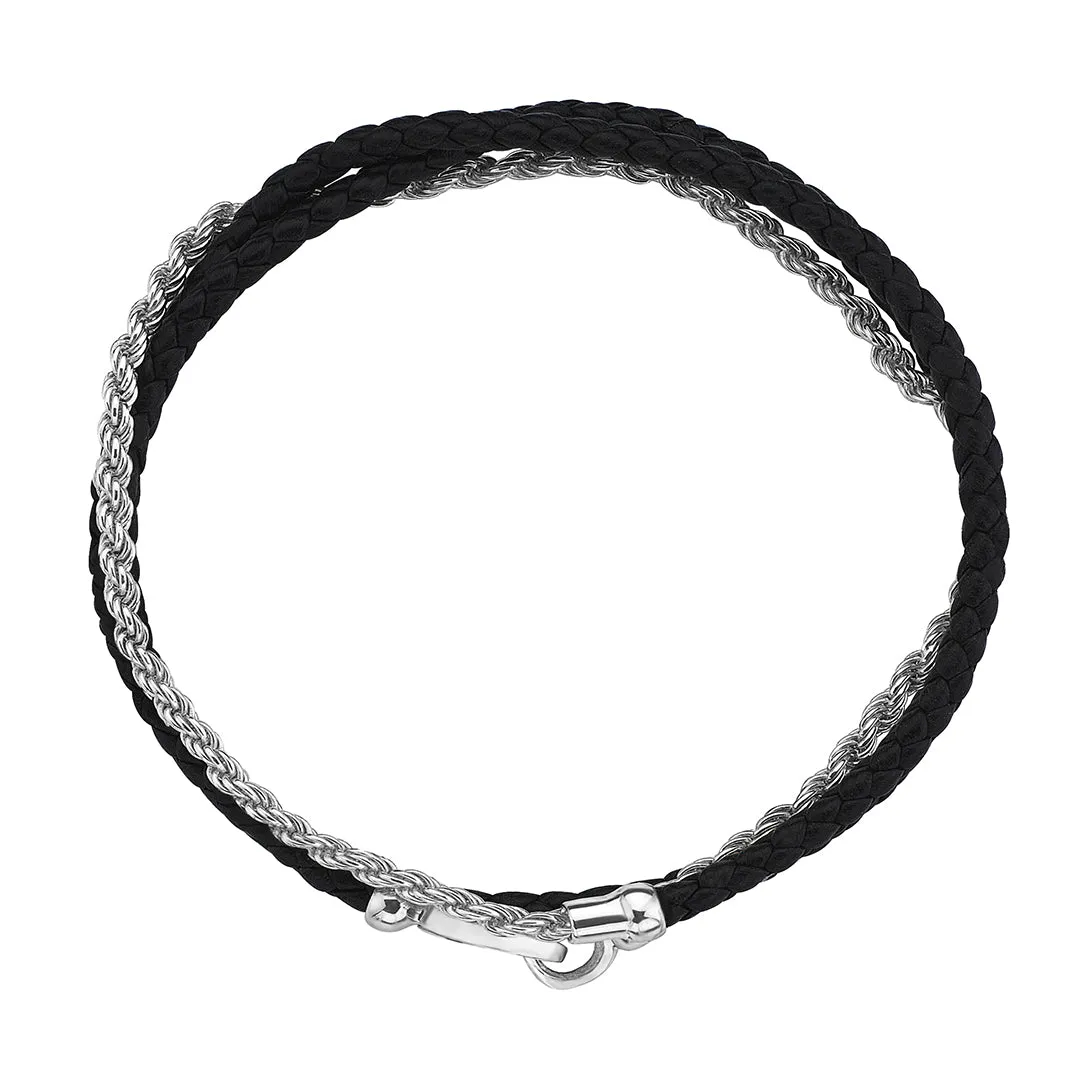 Rope Chain & Leather Wrap Bracelet in Silver