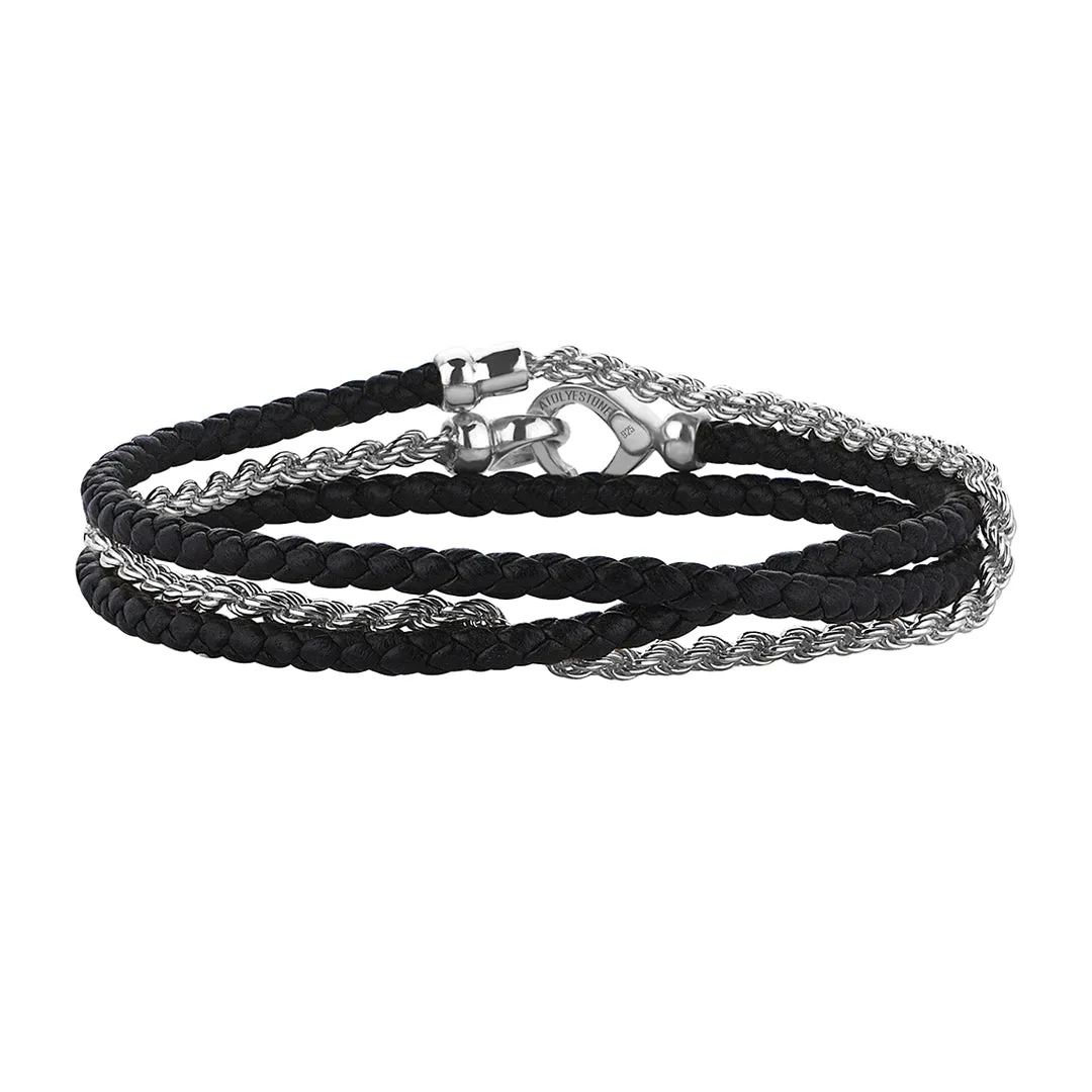 Rope Chain & Leather Wrap Bracelet in Silver