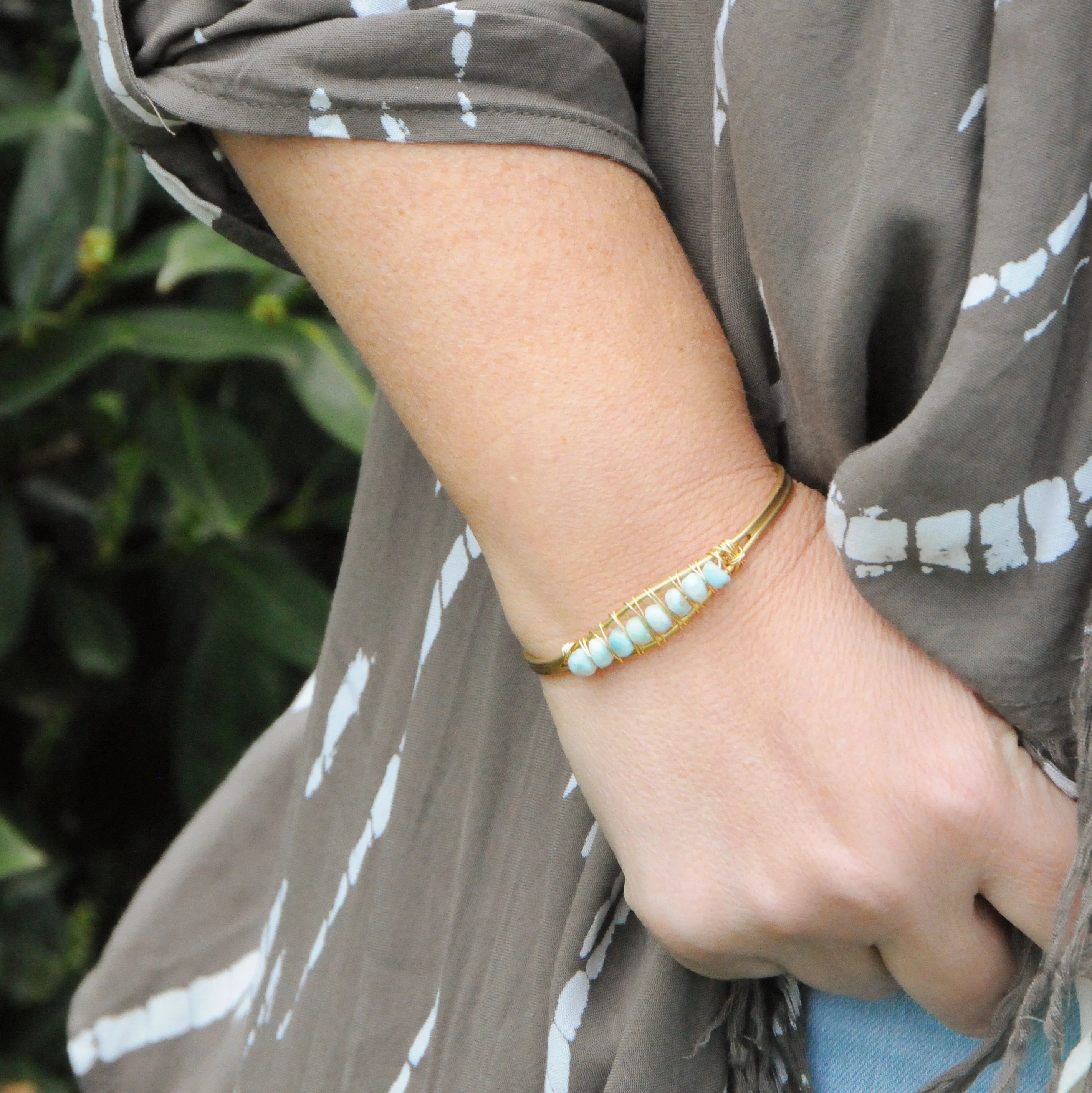 Rose Quartz, Rhodochrosite, or Larimar Brass Cuff Bracelet