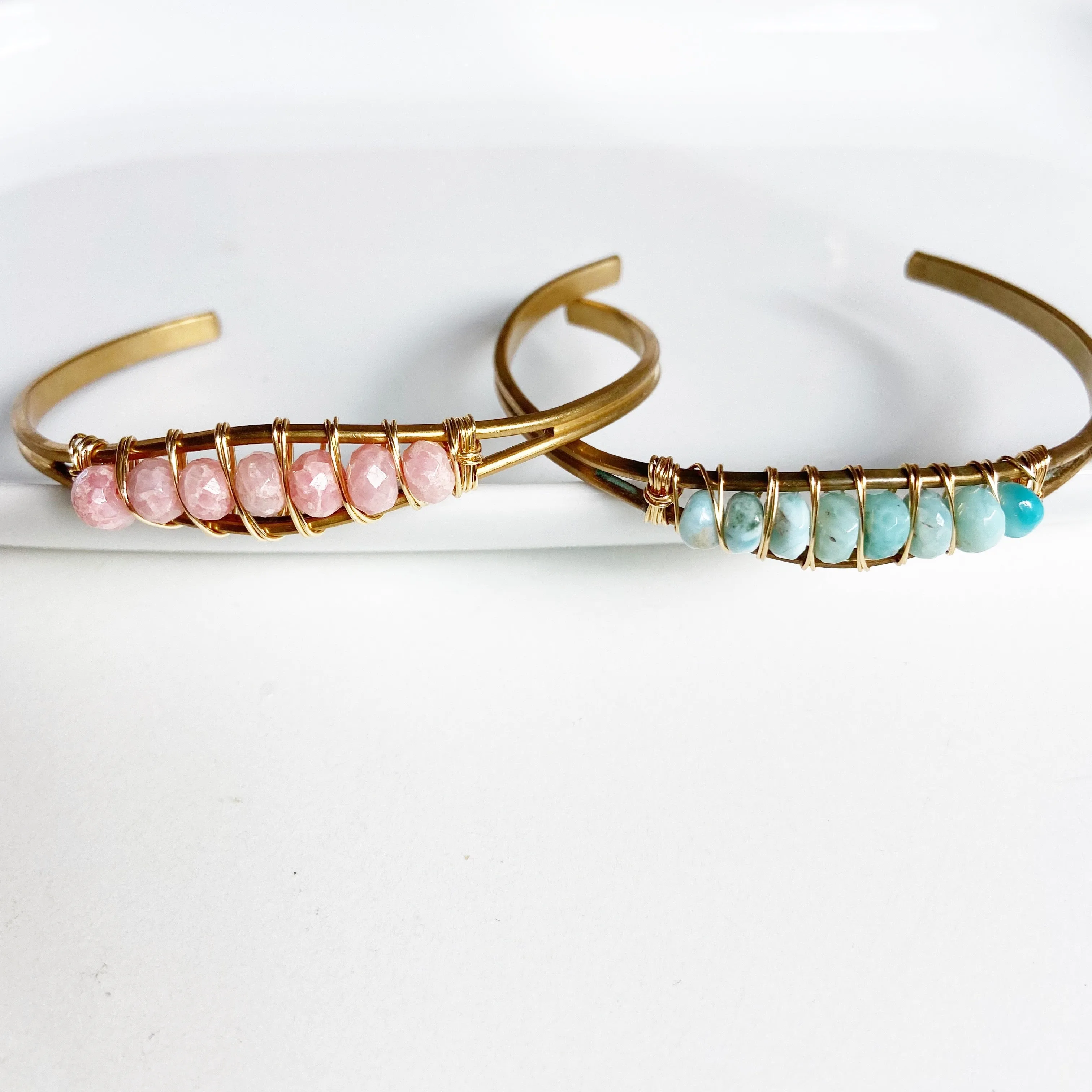 Rose Quartz, Rhodochrosite, or Larimar Brass Cuff Bracelet