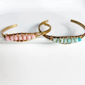 Rose Quartz, Rhodochrosite, or Larimar Brass Cuff Bracelet