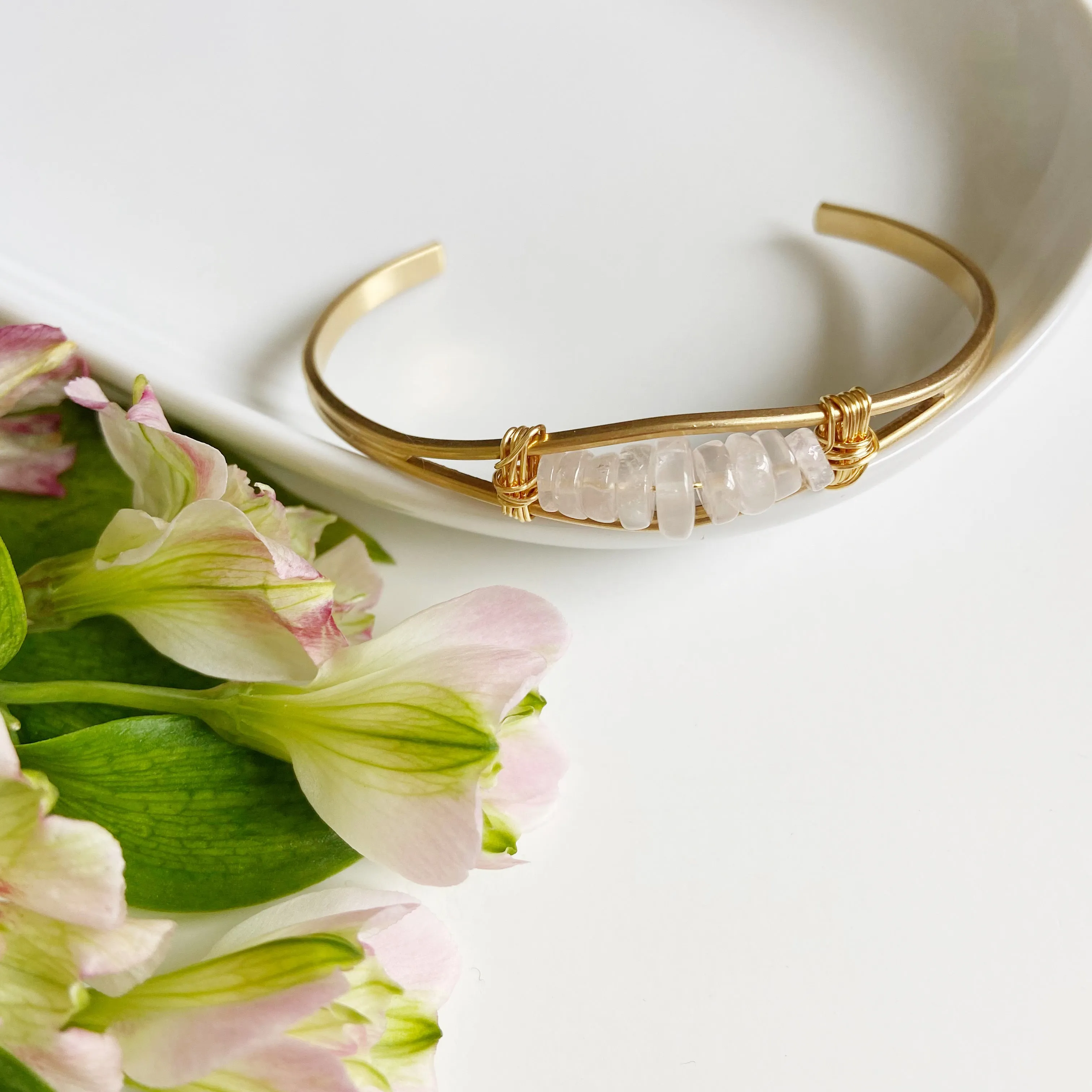 Rose Quartz, Rhodochrosite, or Larimar Brass Cuff Bracelet