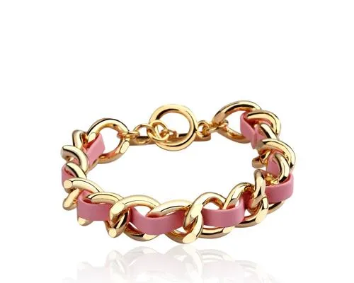 Rosette Pink Leather Chain Bracelet