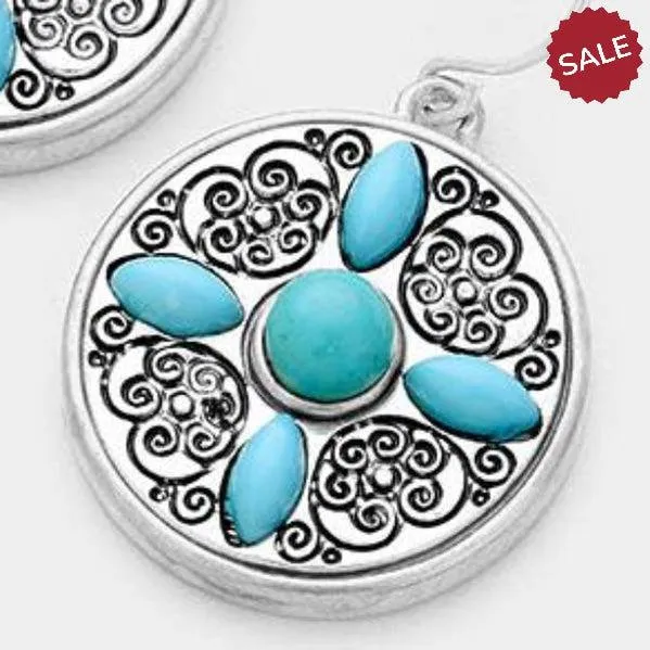 Round Turquoise (Faux) Antique Silver Earrings