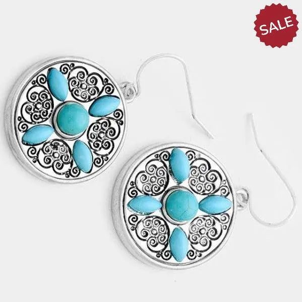 Round Turquoise (Faux) Antique Silver Earrings