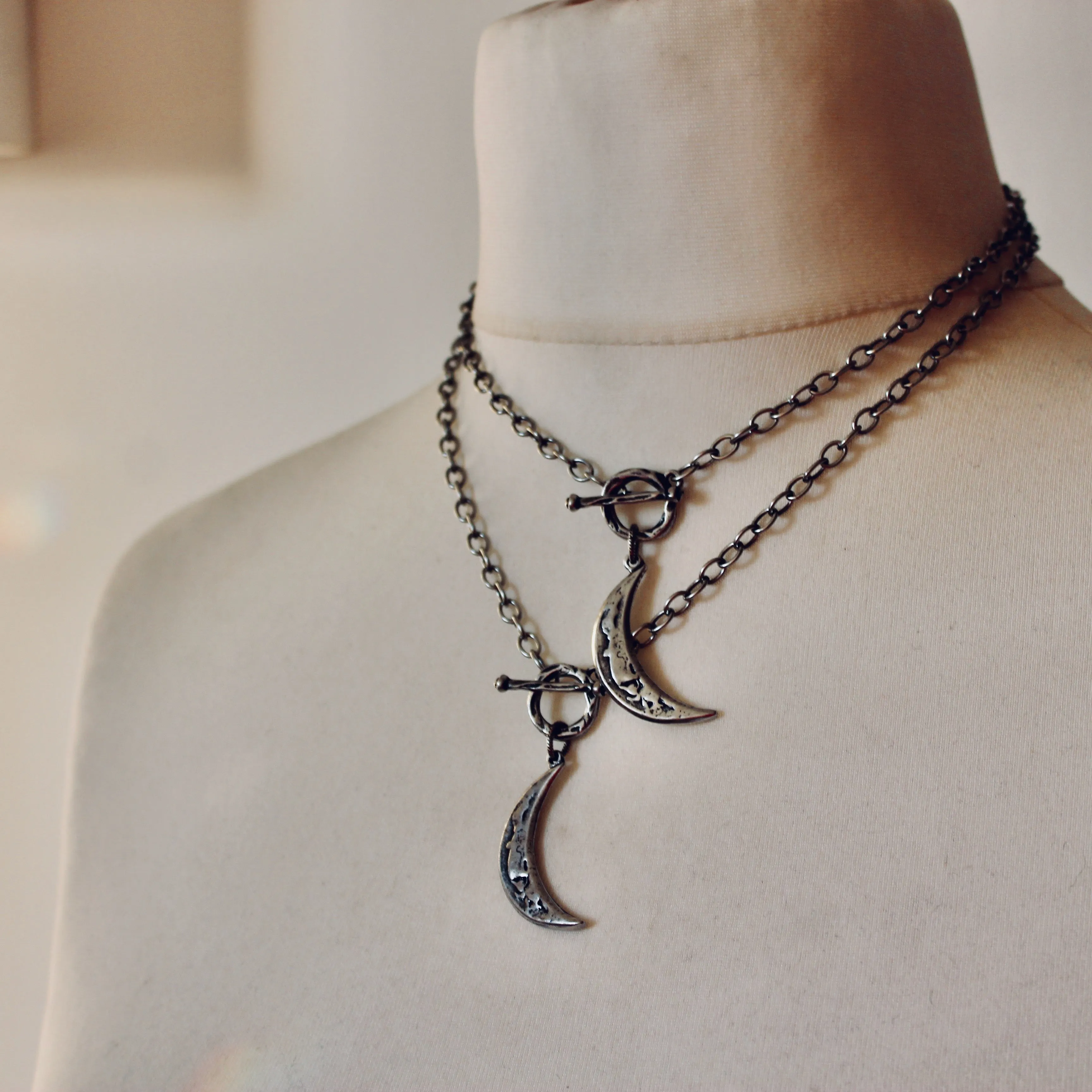 Rustic Crescent Moon Necklace in Luminous Silver Plate