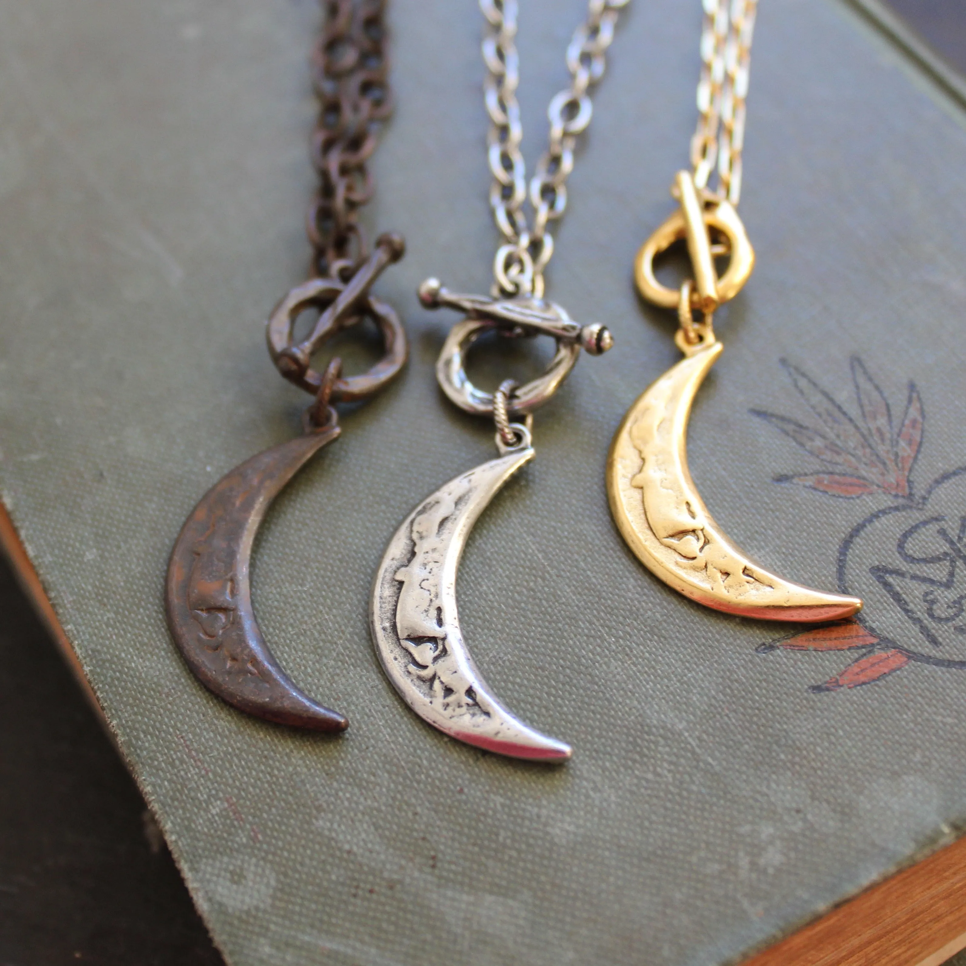 Rustic Crescent Moon Necklace in Luminous Silver Plate