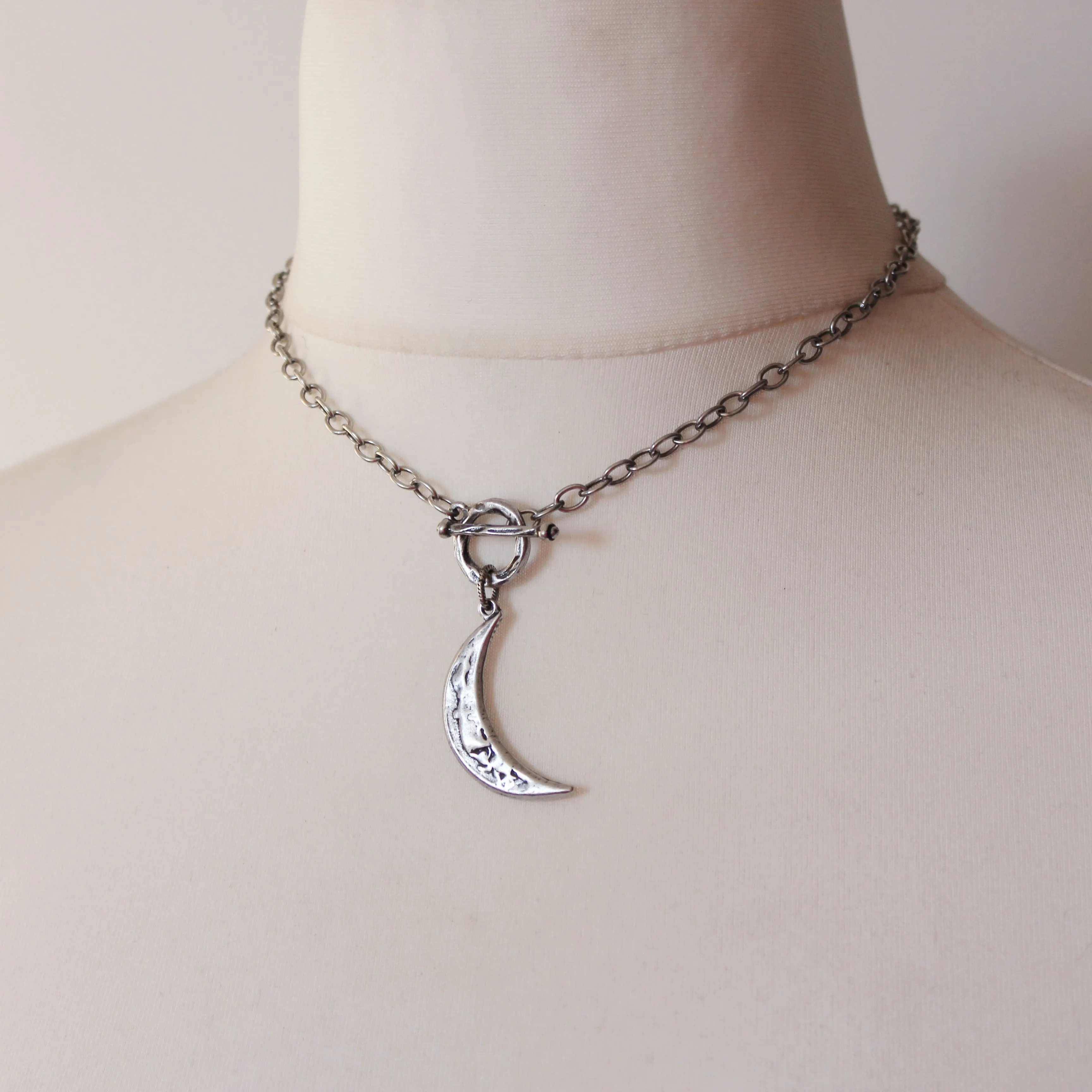 Rustic Crescent Moon Necklace in Luminous Silver Plate