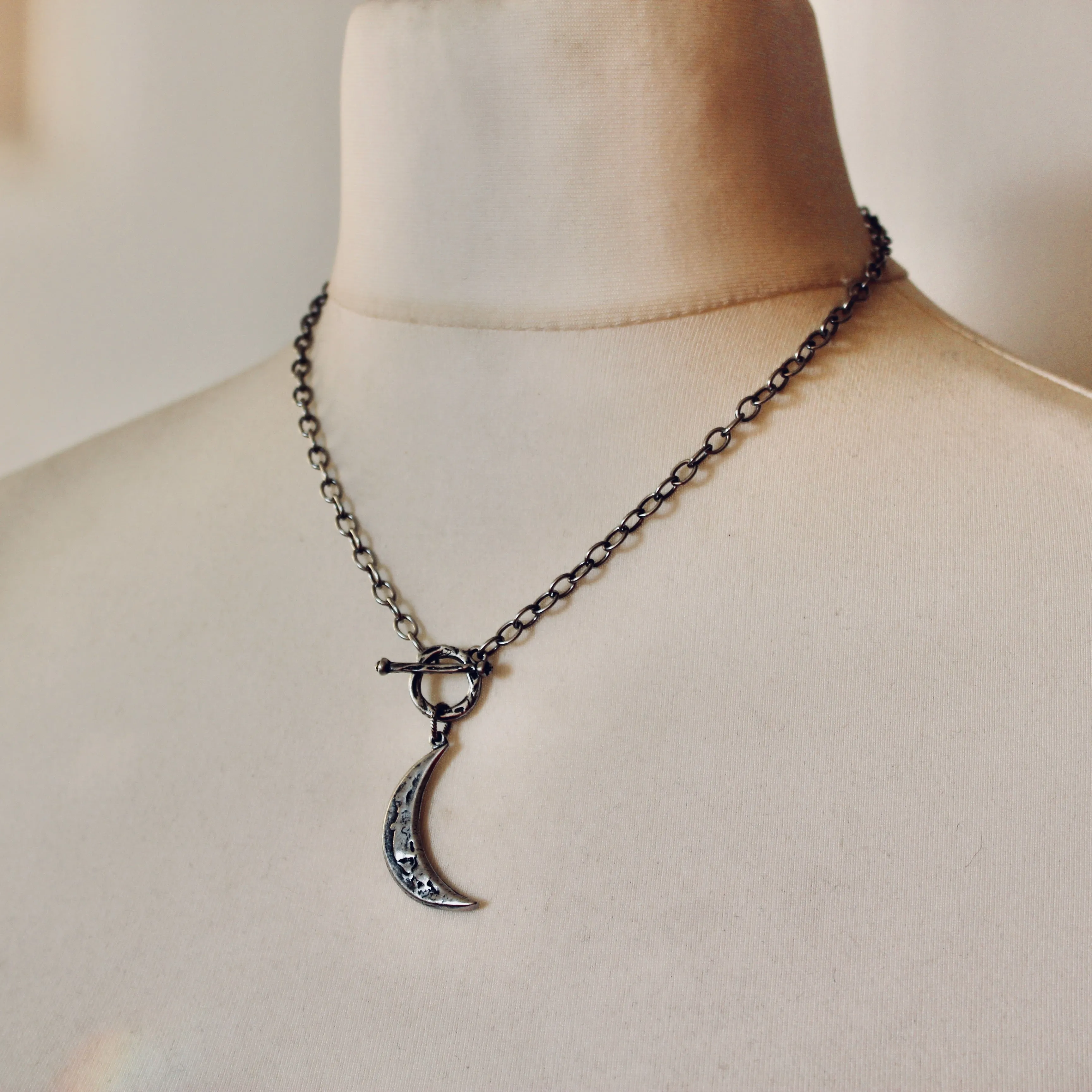 Rustic Crescent Moon Necklace in Luminous Silver Plate