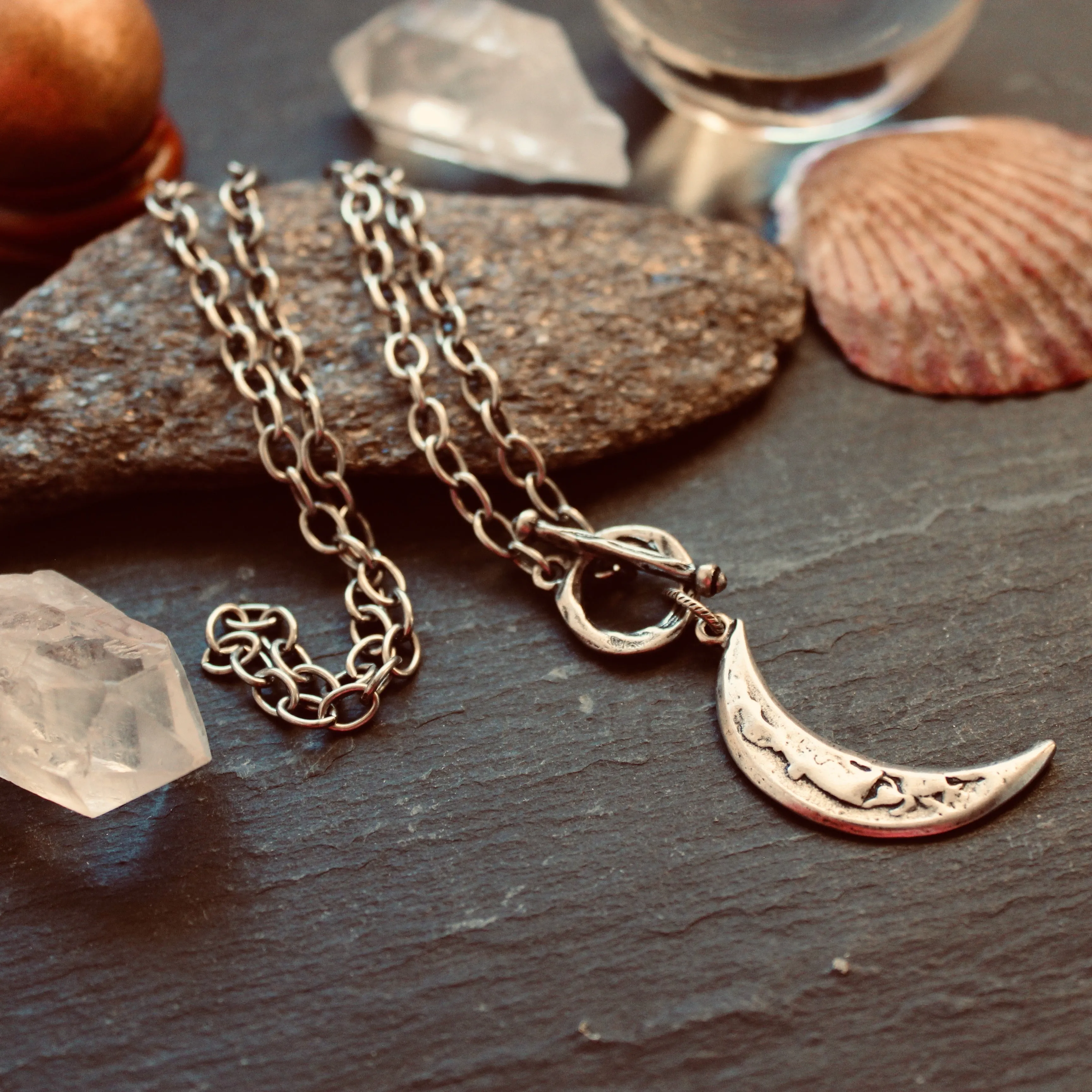 Rustic Crescent Moon Necklace in Luminous Silver Plate