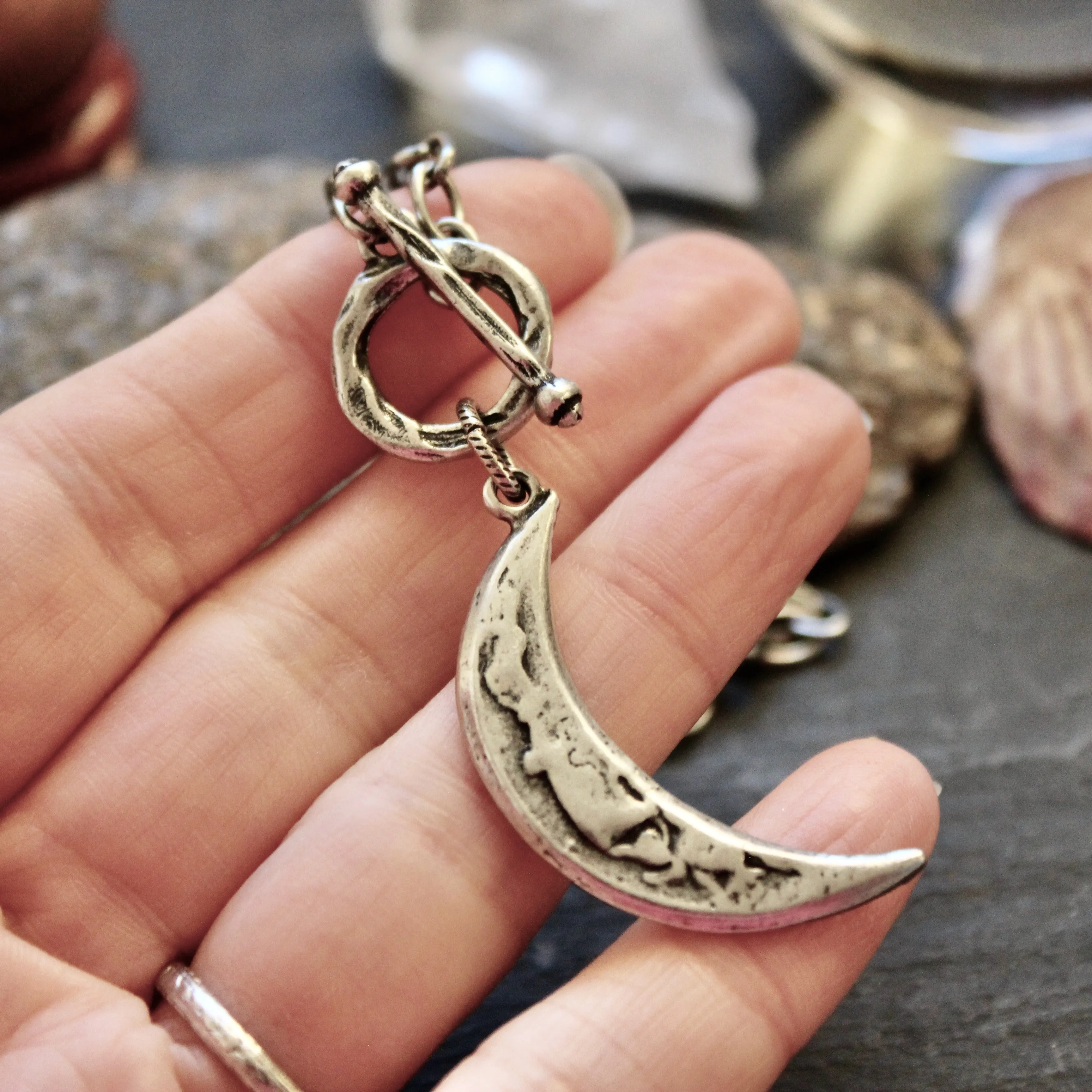 Rustic Crescent Moon Necklace in Luminous Silver Plate