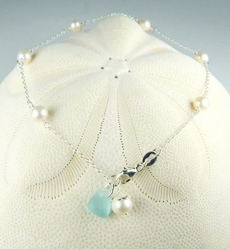 Sea Glass Bracelet With Pearls In Sterling Silver