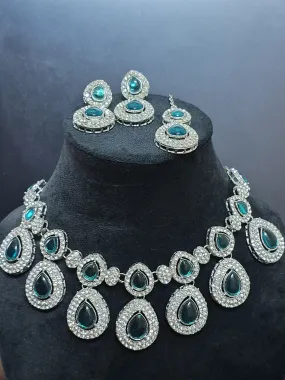 Sea Green colour Diamond work Kundan Necklace with Earring & Maang Tikka