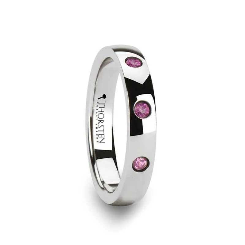 SELMA Ladie's Domed White Tungsten Wedding Band With 3 Pink Sapphires  4 mm