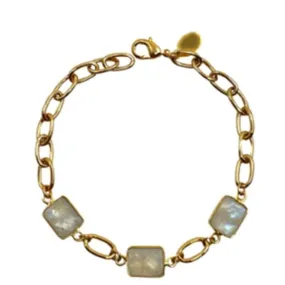 Semi Precious Bezel Set Rectangles on Plated Chain Bracelet: Moonstone (BCG487MN)