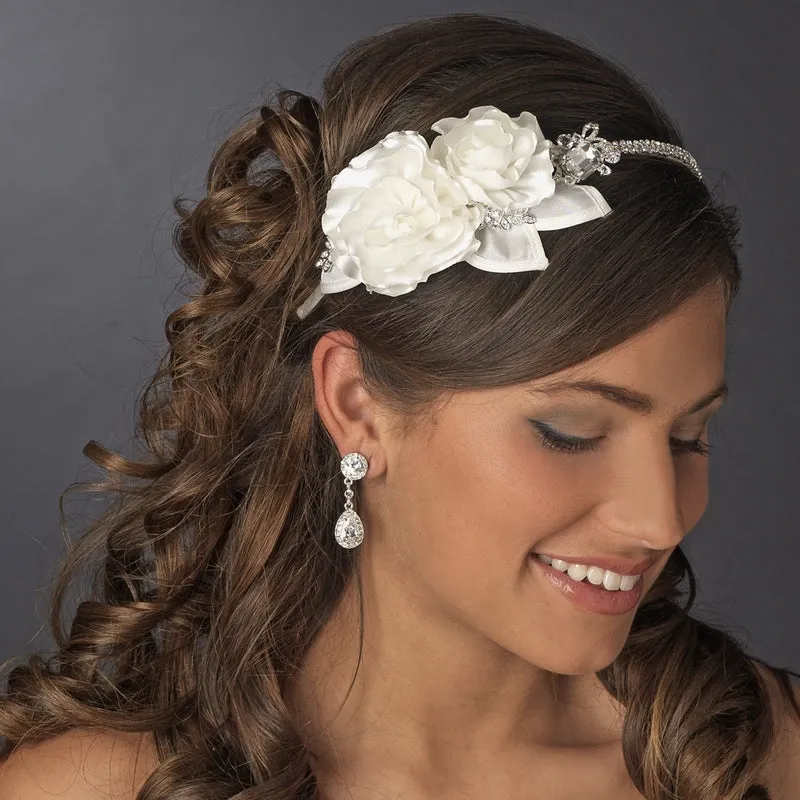 Silk Flower Crystal Encrusted Side Accented Bridal Headband