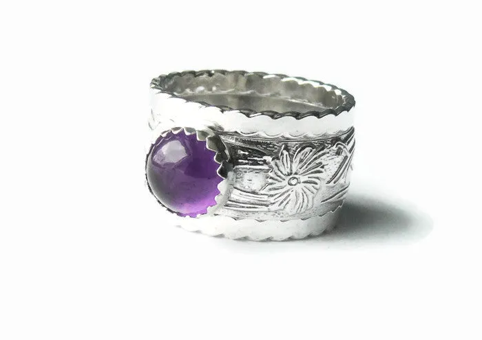 Silver Amethyst Ring Wide Band