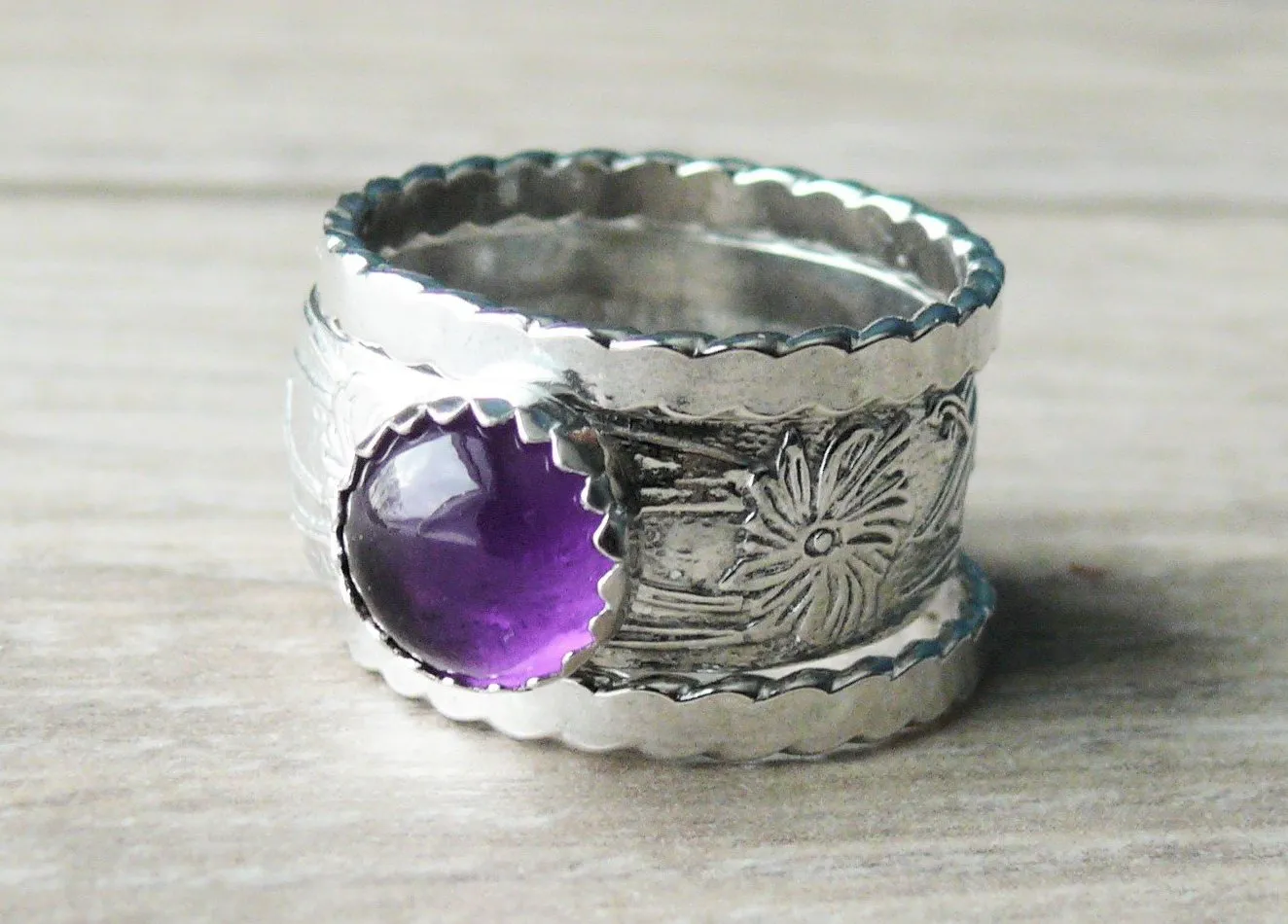 Silver Amethyst Ring Wide Band