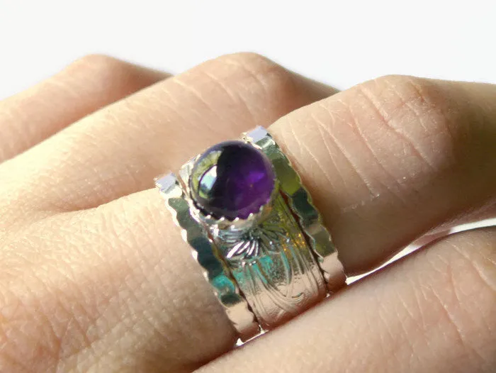 Silver Amethyst Ring Wide Band