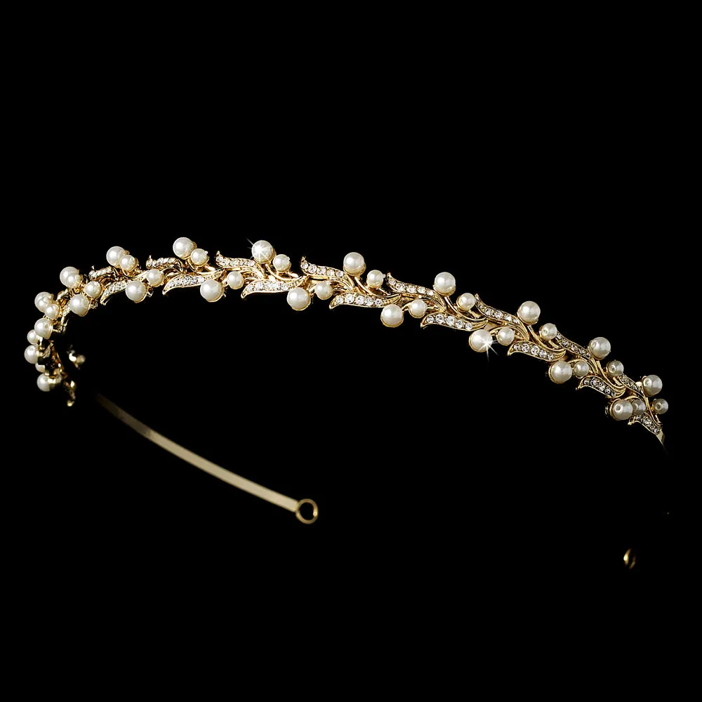 Silver Plated Crystal & Pearl Leaf Bridal Headband