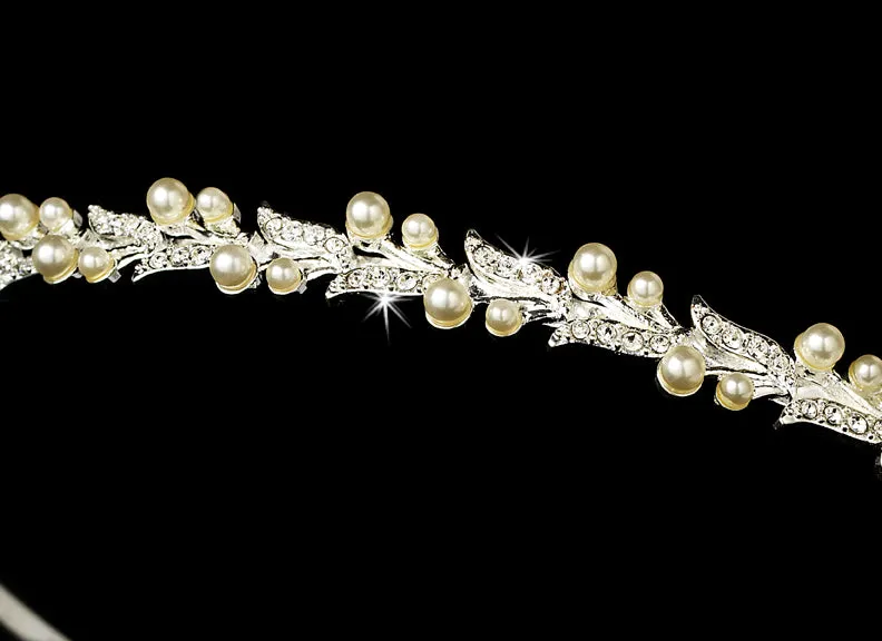 Silver Plated Crystal & Pearl Leaf Bridal Headband