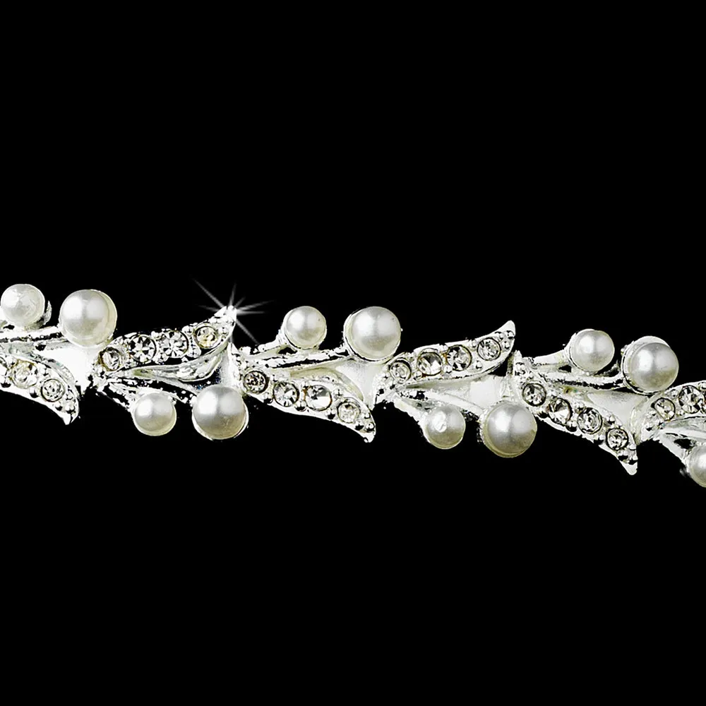 Silver Plated Crystal & Pearl Leaf Bridal Headband