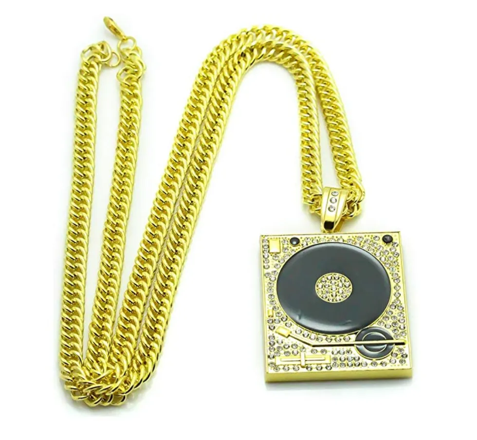 Simulated Diamond DJ Necklace Silver Music Disc Jockey Pendant Rapper Jewelry Hip Hop Gift DJ Gold Chain 35in.