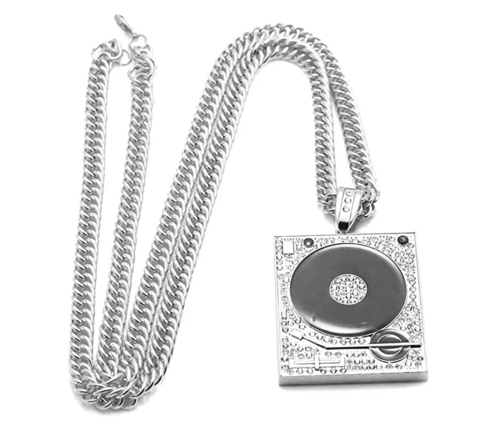 Simulated Diamond DJ Necklace Silver Music Disc Jockey Pendant Rapper Jewelry Hip Hop Gift DJ Gold Chain 35in.