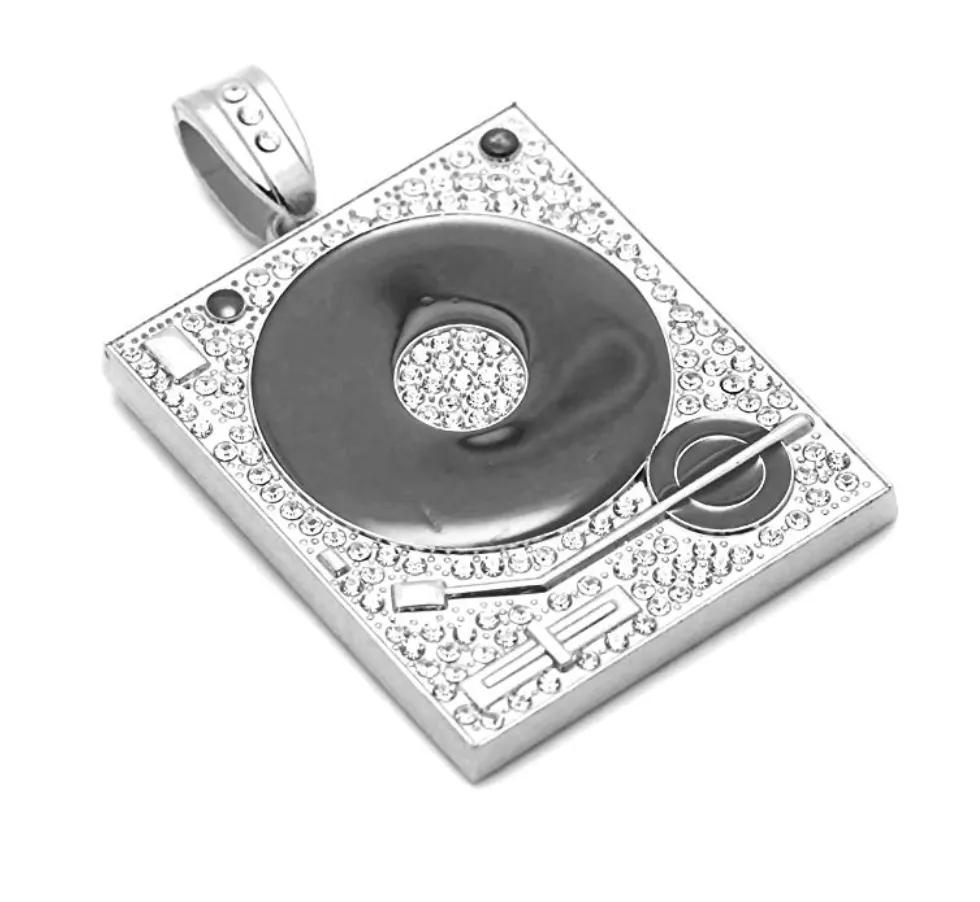 Simulated Diamond DJ Necklace Silver Music Disc Jockey Pendant Rapper Jewelry Hip Hop Gift DJ Gold Chain 35in.