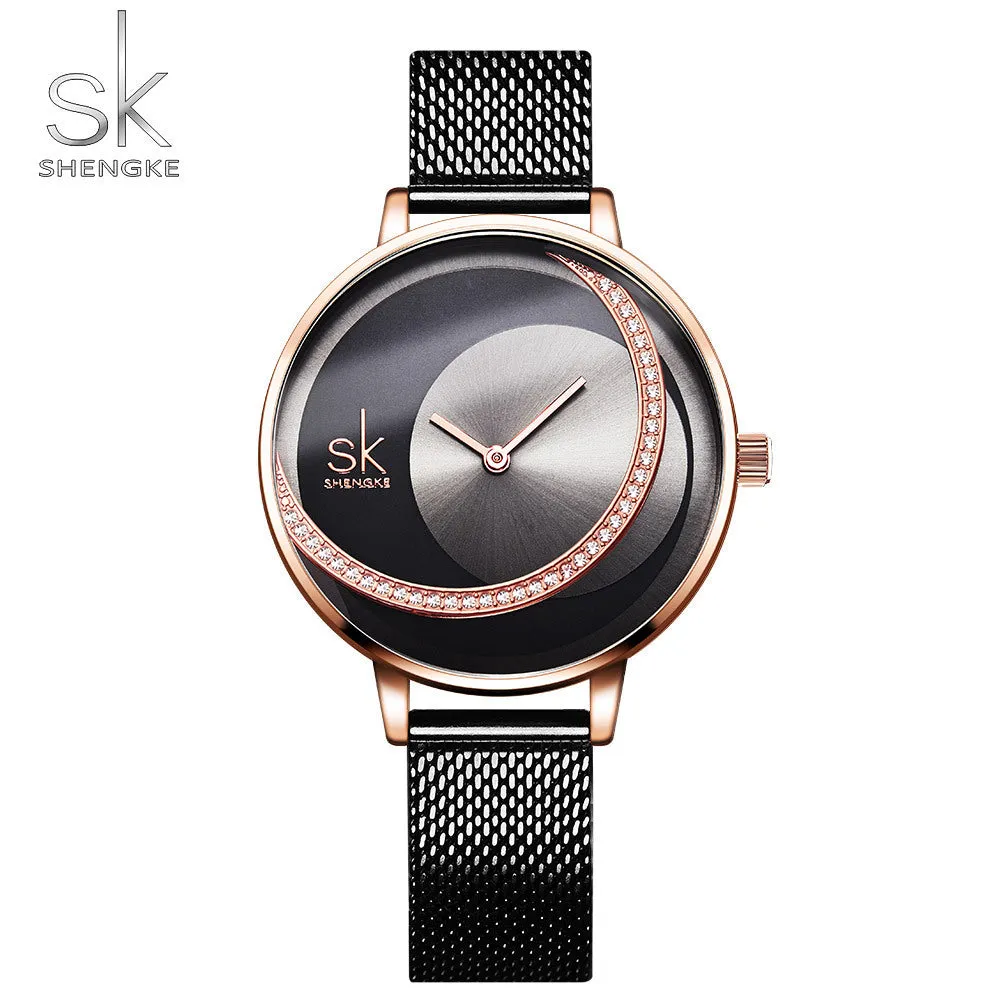 SK Winning Rhinestone Waterproof Women's Watch Sun Pattern Rose Gold Watch Mesh Belt Belt Women's Watch 0088