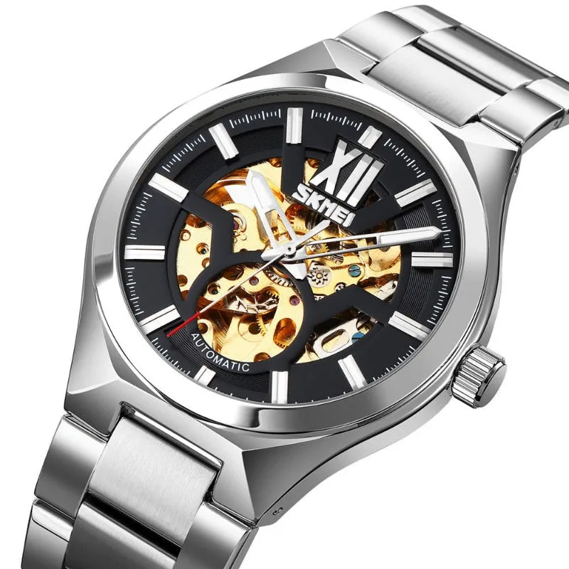 SKMEI 9258 Luxury Men's Automatic Mechanical Skeleton Watch with Visible Gears