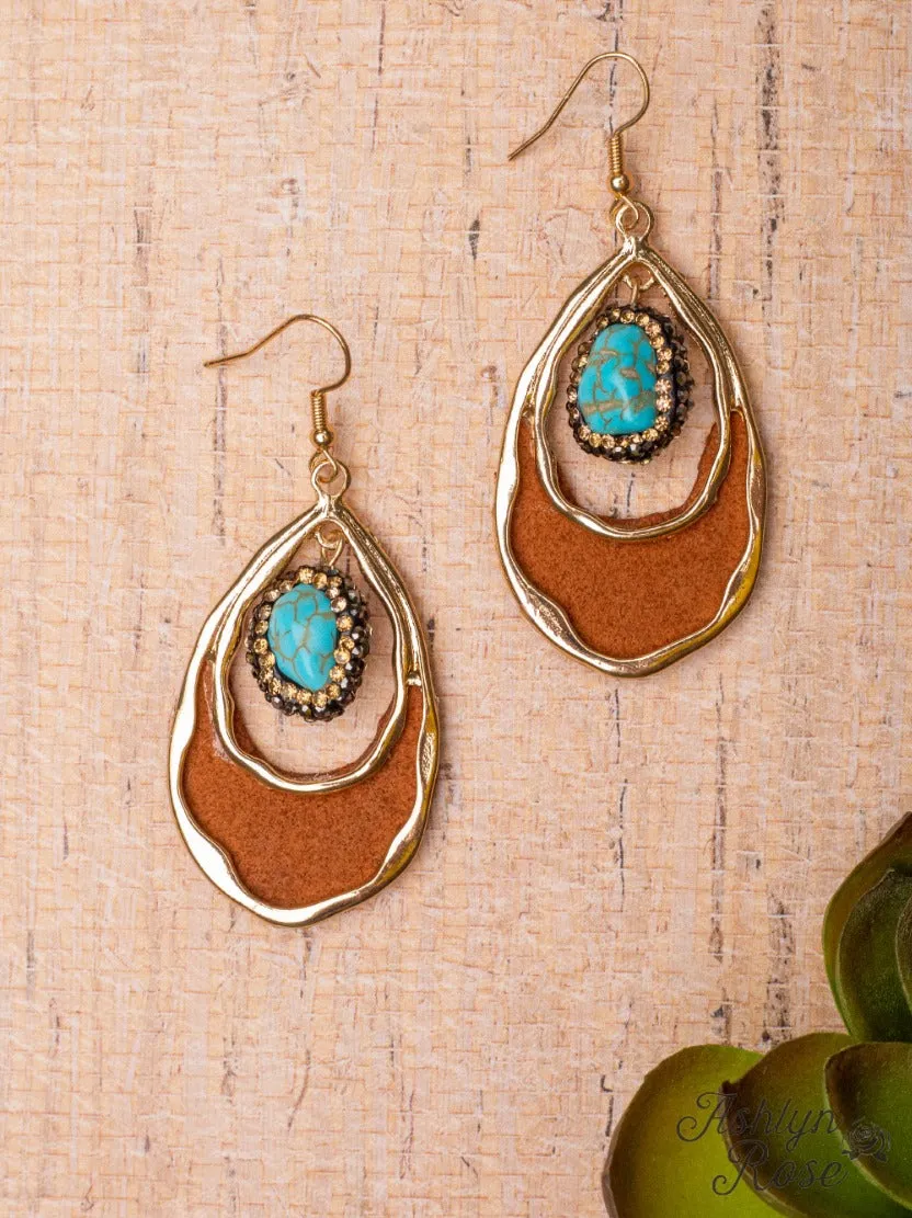 SOUTHERN CHARM TURQUOISE ROCK BROWN LEATHER TEARDROP DANGLE EARRINGS