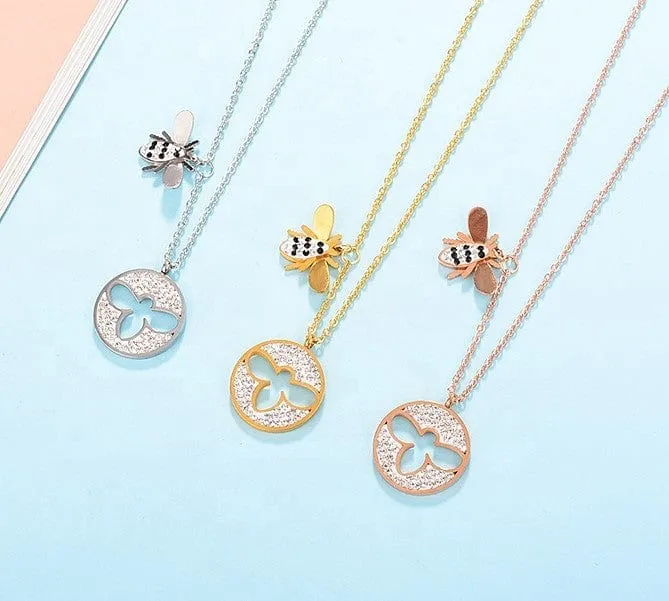 Sparkling Bee Medallion Necklace Rose, Yellow or White Gold Plating Cut Out Bee, SO CUTE!!!