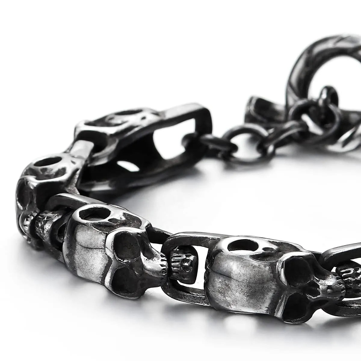 Stainless Steel Blackened Old Metal Finishing, Skulls Link Chain Bracelet for Man