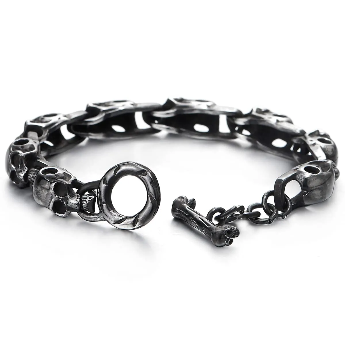 Stainless Steel Blackened Old Metal Finishing, Skulls Link Chain Bracelet for Man